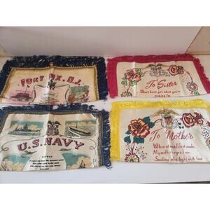 Vintage Navy Military Souvenir Satin Fringe Pillow Covers - Set of Four